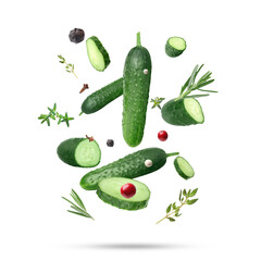 Ripe cucumbers, herbs and spices falling on white background