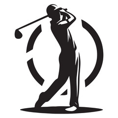 Black and white silhouette of a golf pro playing golf, Golf swing player pose vector silhouette black color
