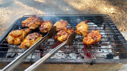 Cooking roast juicy chicken wings and legs on the barbecue grill. Spicy marinated chicken pieces on barbeque party. BBQ grill. Close up outdoor
