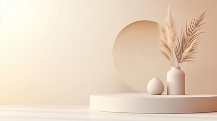 Minimalist 3D stage with neutral tones and soft reflections, modern platform, elegant simplicity