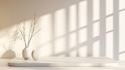 Minimalist 3D stage with neutral tones and soft reflections, modern platform, elegant simplicity