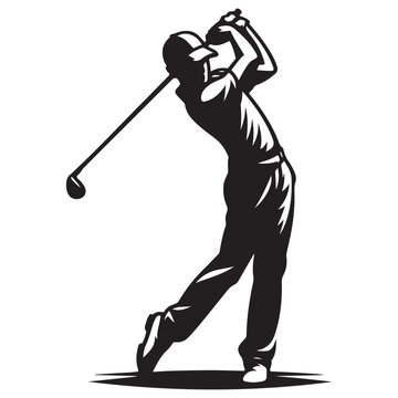 Black and white silhouette of a golf pro playing golf, Golf swing player pose vector silhouette black color