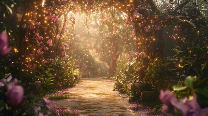 Obraz premium Enchanted Garden Path with Fairy Lights.
