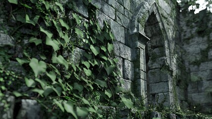 Stone archway overgrown with vines.