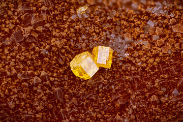 Yellow Pyromorphite on red hematite on quartz. Specimen from Clara Mine, Germany. Micro photography...
