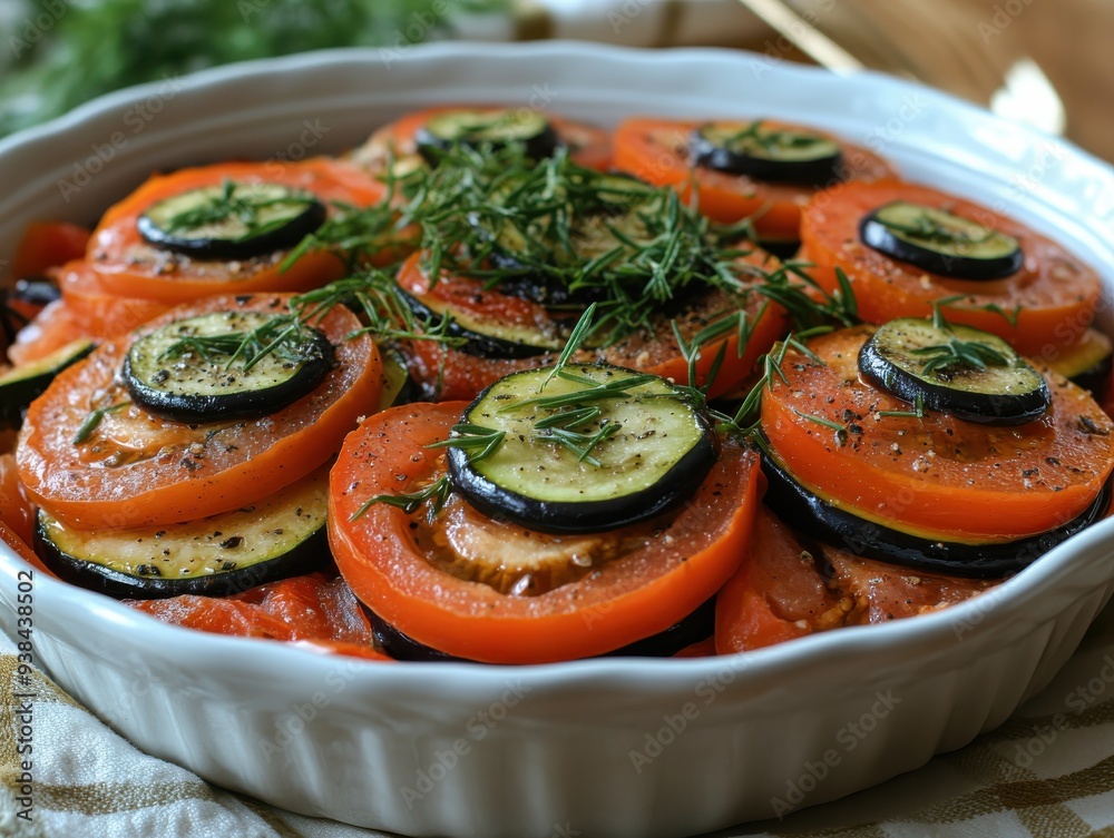 Wall mural Delicious Homemade Ratatouille in a White Ceramic Dish with Fresh Herbs, Zucchini, and Tomato Layers - Perfect for Healthy Eating