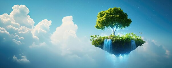 A serene floating island with a vibrant tree and cascading waterfalls, set against a clear blue sky and fluffy clouds.
