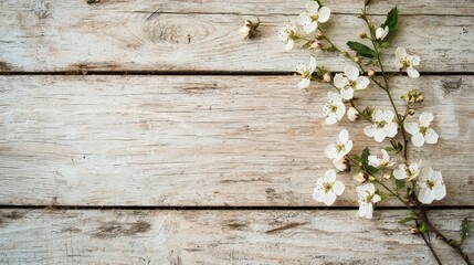 Fototapeta premium A branch of flowers on a wooden texture background, highlighting the contrast between the delicate floral elements and the rustic wood.