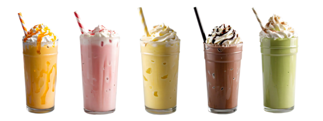 set of five glasses of different flavored milkshakes smoothies isolated on transparent background