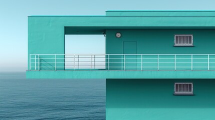 A teal building with a balcony and windows overlooking the ocean