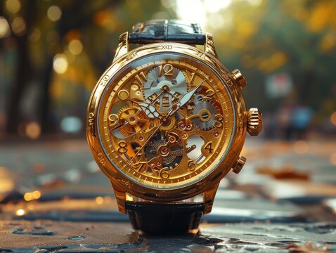 Gold watch with skeleton movement on wet pavement with autumn leaves