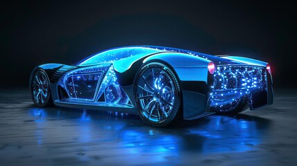 Futuristic sports car glowing with blue light in a dark studio.