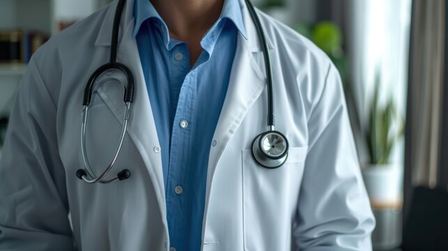 Closeup of a male doctor in a white lab coat with a stethoscope, committed to providing healthcare to patients