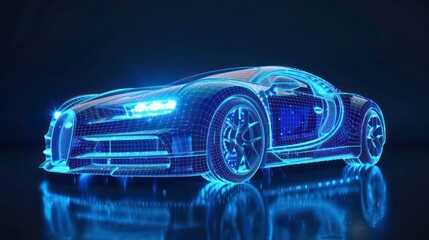 A futuristic blue wireframe of a sports car on a dark background.