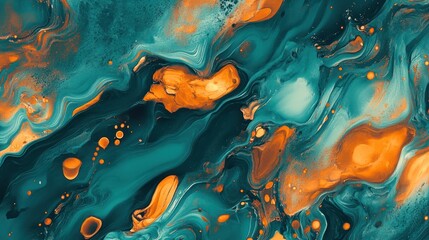 A painting of a green and orange swirl with a blue background