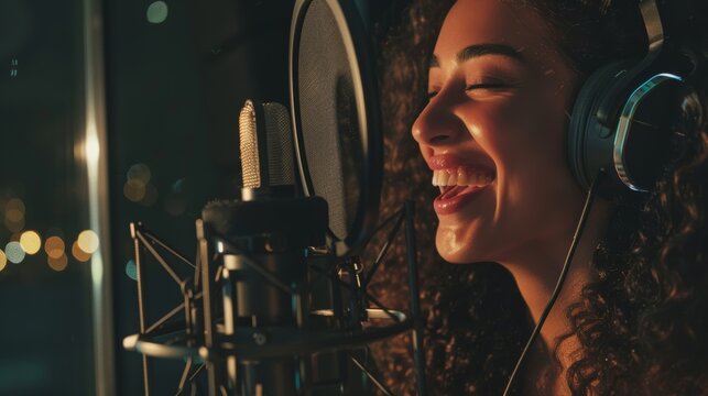 Artist using a tablet with a microphone in a recording studio, creating music or lyrics at night, showcasing technology in sound production and vocal performance