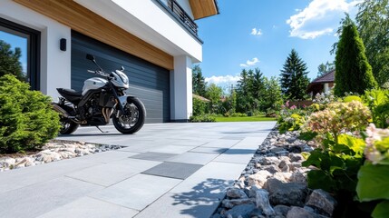 A motorbike is parked on a paved driveway, surrounded by lush green plants and clear blue skies, embodying the tranquility of suburban life and the elegance of modern design.