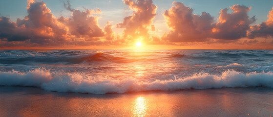 Fototapeta premium Dramatic sunset over the ocean with waves crashing on the shore.