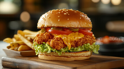 Delicious crispy chicken burger with lettuce, tomatoes and cheese on a wooden board; fries as side dish