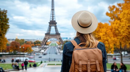 Fototapeta premium A traveler wearing a backpack and a hat looks towards the Eiffel Tower amidst the glowing autumn foliage, capturing a moment of exploration during the fall season.