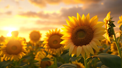 Obraz premium Sunflowers in a field at sunset.