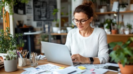 A diligent woman working on her laptop in a well-decorated home office with glasses on, depicting a balance between professionalism and a comfortable working environment.