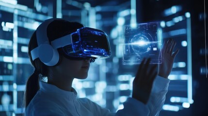A women wearing a virtual reality headset is playing a game