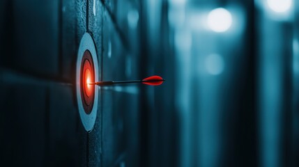 Close-up of a dart hitting the bullseye on a dartboard, with dramatic lighting highlighting the precision and focus of the shot.