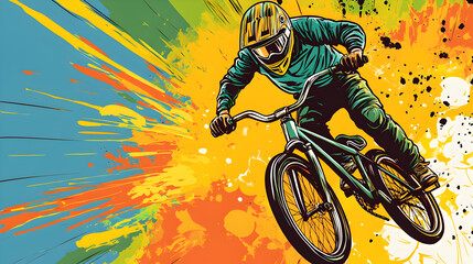 Fototapeta premium A BMX rider in mid-air, performing a trick against a colorful, abstract background.