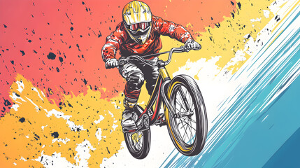 Fototapeta premium A BMX rider in mid-air, performing a trick, with a colorful background.