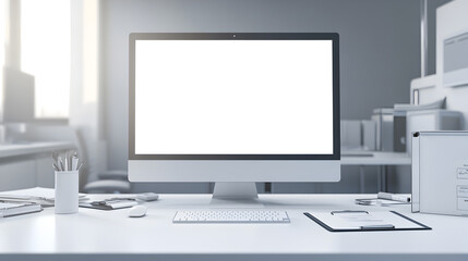 A clean and modern desk with a computer monitor and keyboard with a white screen in the foreground.
