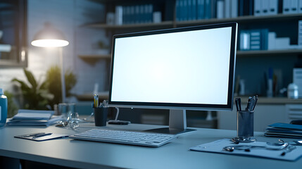 A clean, modern computer with a blank screen sits on a desk in a doctor's office.