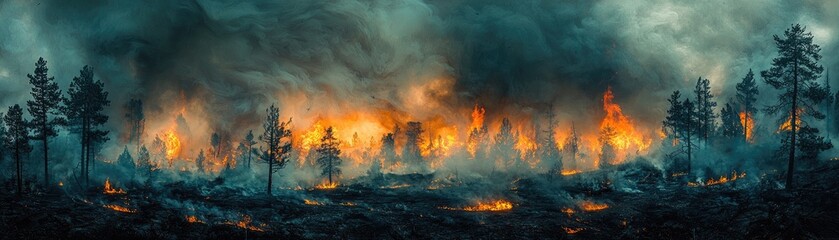 Dramatic Forest Fire Panorama with Intense Flames and Thick Smoke in a Pine Forest