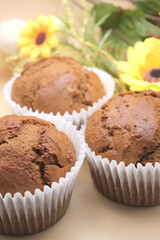Fresh Baked Homemade Gingerbread Muffins with Buffalo Check and Sunflower Background