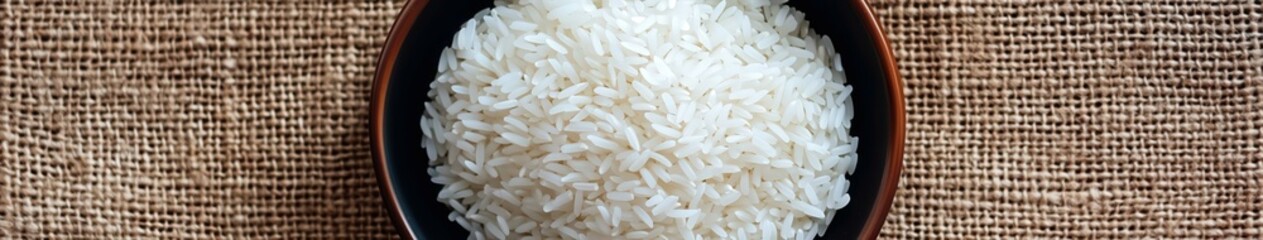 Bowl of uncooked white rice on burlap fabric in natural light