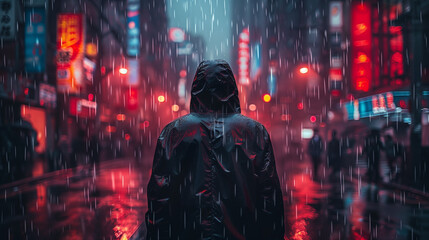Obraz premium Person in a hooded raincoat walking through a neon-lit city at night during rainfall