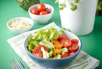 a bowl of tomatoes, lettuce, and tomatoes are on a green table.