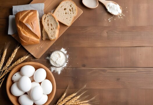 a bowl of eggs and bread on a table with a bowl of flour.