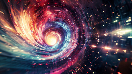 Obraz premium A vibrant, swirling vortex of light and energy, depicting a tunnel of glowing particles and digital elements in motion