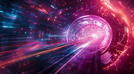 Obraz premium A dynamic and vibrant digital art showcasing a futuristic tunnel with glowing neon light streaks, conveying speed and energy