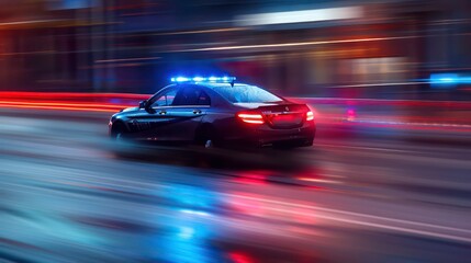 A black police car drives through a city at night with its lights flashing, with streaks of light from other cars blurring past.