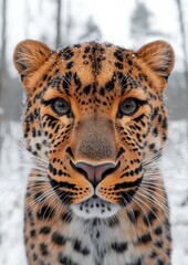 Naklejka premium Close-up of Wild Leopard Intense Gaze with Snow-Covered Forest Background - Captivating Wildlife Photography in Natural Habitat
