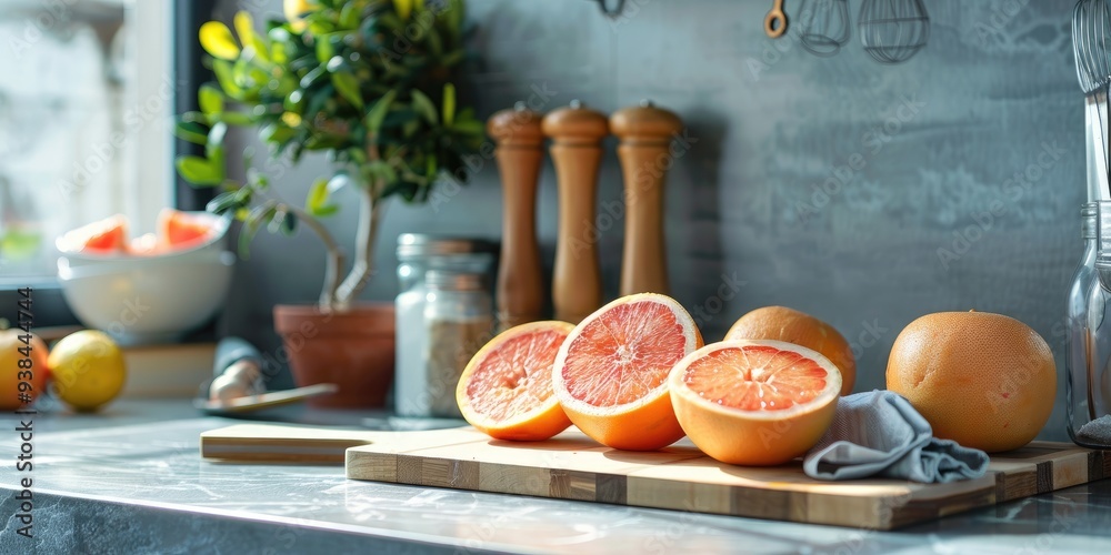 Canvas Prints Fresh grapefruits displayed on a kitchen counter alongside cooking tools