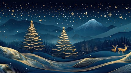 A mountain scene with a deer standing in front of a Christmas tree.