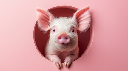 Fototapeta premium A pink piglet peeks through a round hole in a pink wall.