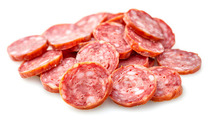 Obraz premium Sausage slices isolated on white background, full depth of field