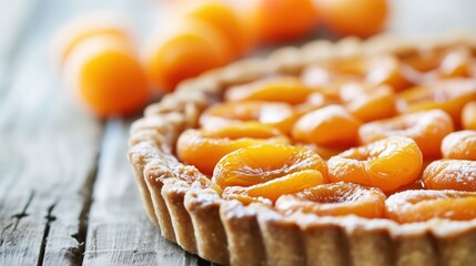 Close-up view of a delicious apricot tart, freshly baked and placed on a rustic wooden table, showcasing the vibrant apricots and flaky crust.