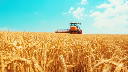 Fototapeta premium Tractor Harvesting Wheat Field
