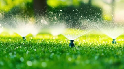 Obraz premium Sprinklers Watering a Lush Lawn
