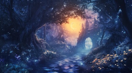 Fototapeta premium A forest with a castle in the background and a large crescent moon in the sky